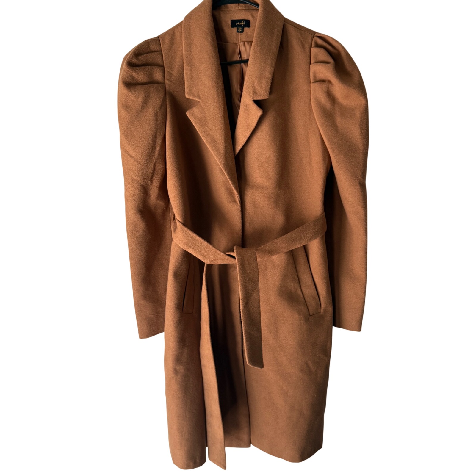Ontwefth Tan Brown Belted Coat Womens Size S Puffy Sleeves Lined Long Preppy